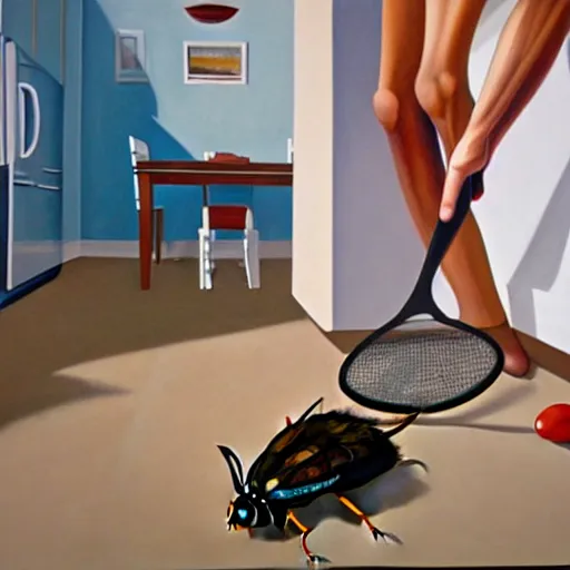 Image similar to hyperrealism painting from the housefly perspective getting swatted at from a man with a fly swatter in the kitchen