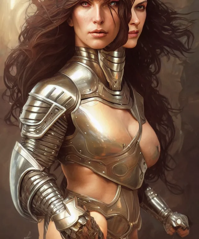 Image similar to Muscular and powerful medieval knight woman portrait, sci-fi, amber eyes, face, long hair, fantasy, intricate, elegant, highly detailed, digital painting, artstation, concept art, smooth, sharp focus, illustration, art by artgerm and greg rutkowski and alphonse mucha