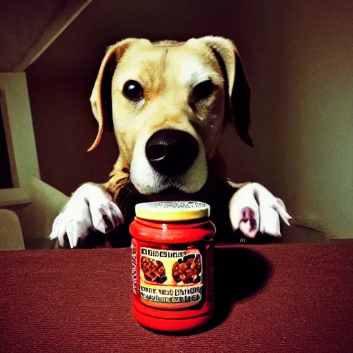 Prompt: cultist dog glowing red eyes holding a jar of cursed forbidden peanut butter, lovecraftian horror, shitpost meme, dramatic red scary lighting, horror, peanut butter jar, dog