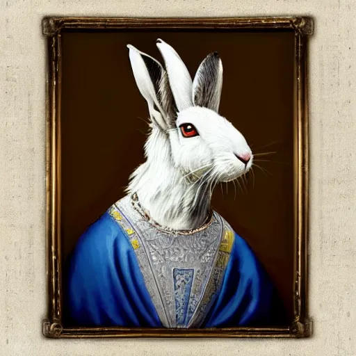 Image similar to “ an oil painting portrait of a white hare wearing medieval royal robe and an ornate crown on a dark background ” digital art, concept art, highly detailed, 3 - d 4 k, trending on art station, award winning, mark brooks,