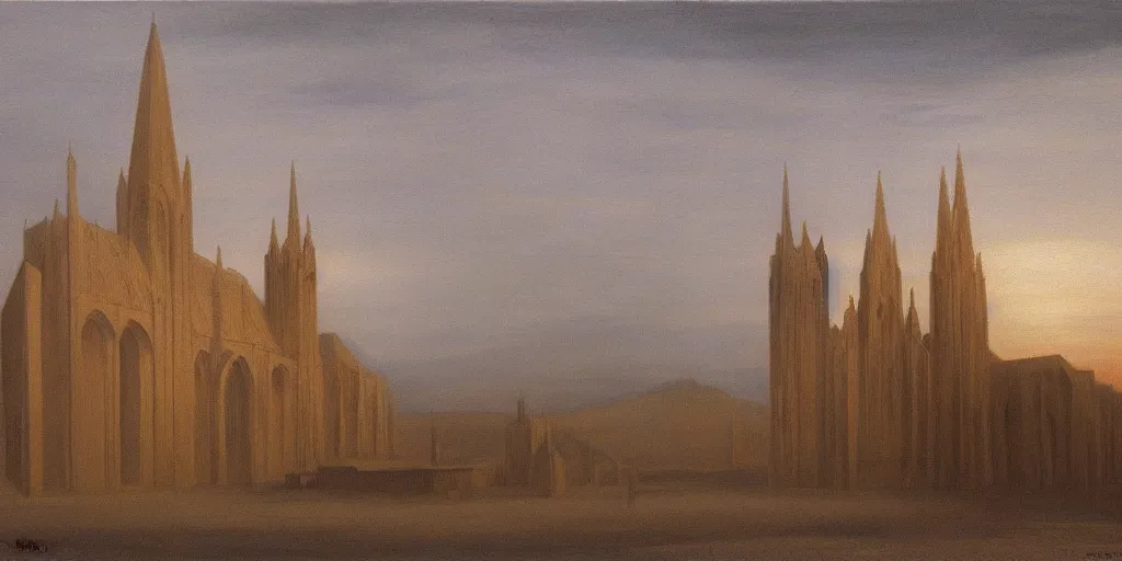 Prompt: Landscape painting of a cathedral made of sand in a foggy desert. Gothic architecture. The sun sets behind the clouds. Warm colors. Dark bright effect. An oil painting by Jean-Auguste-Dominique Ingres. The style of the painting is very detailed, delicate and slightly drawn, , with a deep sense of composition.