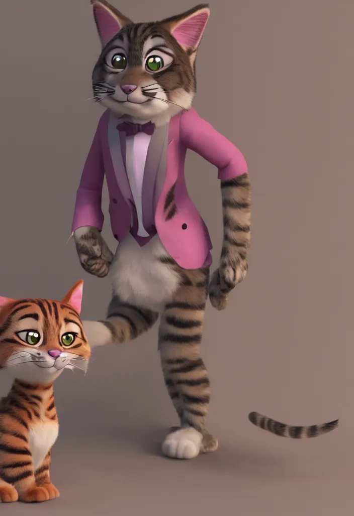 Image similar to 3d render , anthropomorphic male tabby cat,wearing a pink tux ,style of Zootopia, 8K HD Resolution, High quality image