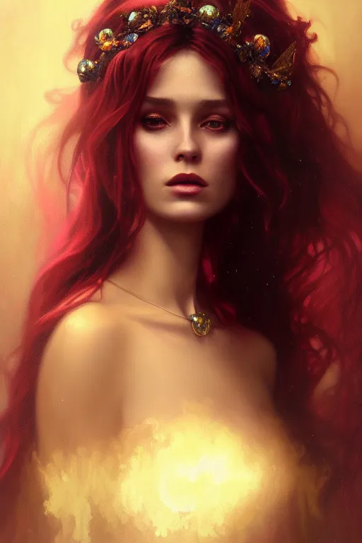 Image similar to ombre velvet gown, beautiful elegant dryad, portrait, dramatic light on face, long hair, tiara, dozens of jeweled necklaces, by greg rutkowski, brom, anato finnstark, alphonse mucha, oil painting, highly detailed, cinematic lighting, unreal,