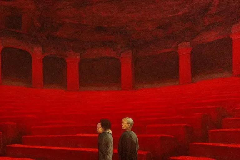 Image similar to only with red, crowd screaming, an exposed picture in a roman theater, in the style of beksinski, parts by edward hopper, parts by rodcenko, parts by yue minjun, intricate and epic composition, red by caravaggio, insanely quality, highly detailed, masterpiece, red light, artstation, 4 k