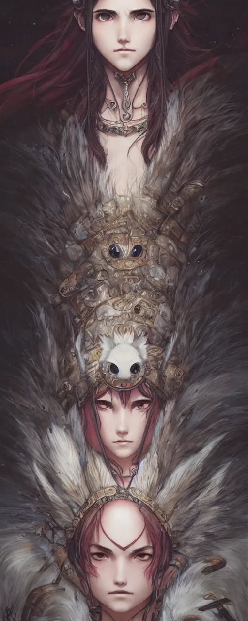 Prompt: emotional and moody princess mononoke full body portrait, dark fantasy studio ghibli , closeup, D&D, fantasy, intricate, elegant, highly detailed, digital painting, artstation, concept art, matte, sharp focus, illustration, art by Artgerm and Ayami Kojima and Tom Bagshaw and Greg Rutkowski and Alphonse Mucha