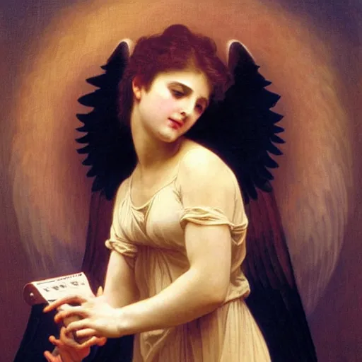 Prompt: a heavenly oil painting of an angel singing holding a microphone on one hand, by Bouguereau, highly detailed and intricate,