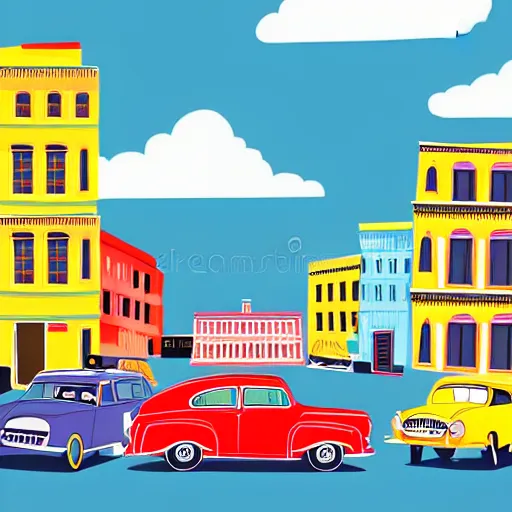 Image similar to book illustration of an old street with old cars, happy people, book illustration, colorful, white background, colorful image