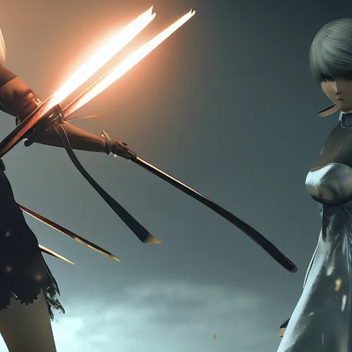 Image similar to realistic render of Nier Automata with katana, dramatic lighting, explosions in background, 4k