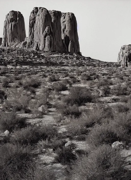 Image similar to Towering badland rock formations protruding out of lush desert vegetation, albumen silver print by Timothy H. O'Sullivan.