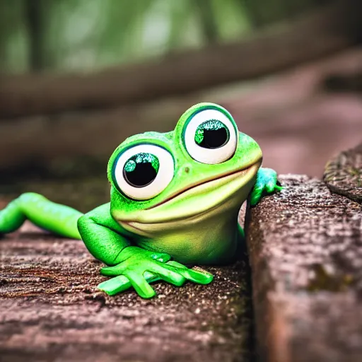 Image similar to baby pepe the frog, larg eyes, sitting on a log, pixar, disney, dynamic lighting, bokeh