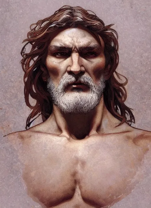 Image similar to 3 / 4 ancient greek man, painted by artgerm and greg rutkowski and alphonse mucha. clear highly detailed face, beautiful art