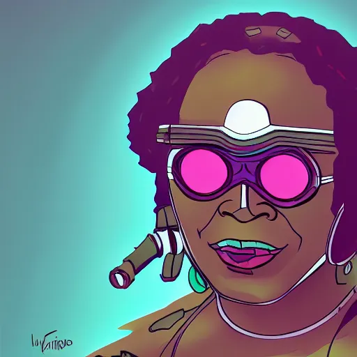 Image similar to cyberpunk robotic whoopi goldberg, sharp lines, digital, artstation, colored in