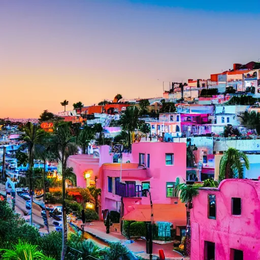 Image similar to a very high quality photo of a beautiful hispanic town during sunset