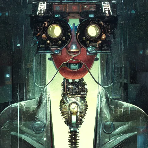 Image similar to detailed face of a clockwork biomechanical woman, moment, cyberpunk cloisters, electronic billboards, tech noir, wet reflections, prism, atmospheric, ambient, pj crook, syd mead, livia prima, greg rutkowski, edward hopper