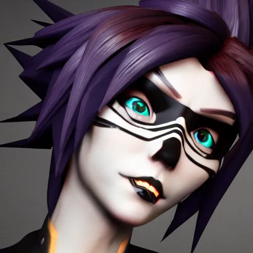 Image similar to a 3 d render of tracer from overwatch but in a gothic style, wearing black lipstick and black eyeliner, 4 k, detailed,