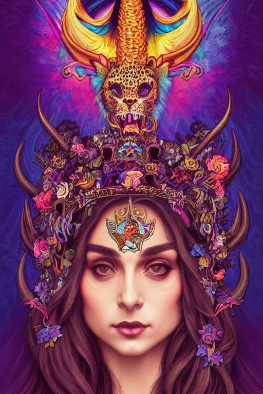 Image similar to a portrait of the lisa frank church of satan, leopard print, rainbow unicorns, gothic, highly detailed, digital painting, crown of skulls, artstation, smooth, sharp focus, illustration, art by artgerm and greg rutkowski and alphonse mucha and william - adolphe bouguereau