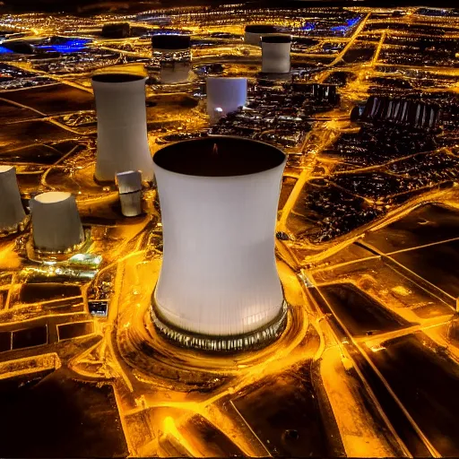 Image similar to photo of an upsidedown nuclear power plant at night birds eye view inception cinematic