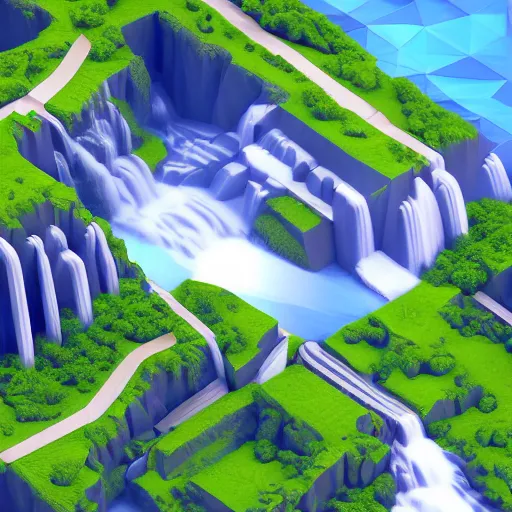 Image similar to low poly art of new york surrounded by waterfalls on a floating island in the sky, isometric art, 3d render, ray tracing, high detail, artstation, concept art, behance, smooth, sharp focus, ethereal lighting, unreal engine 5