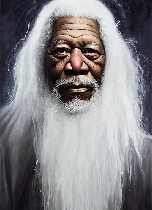 Image similar to evil morgan freeman as evil wizard saurman the white, long white hair and white beard, beautiful pure white warlock flowing robes, long black wizard staff by alan lee, lord of the rings, smooth, oil painting, matte painting, concept art, trending on artstation, promotional artwork, film still, elegant, photorealistic facial features, intricate, detailed face, cinematic lighting