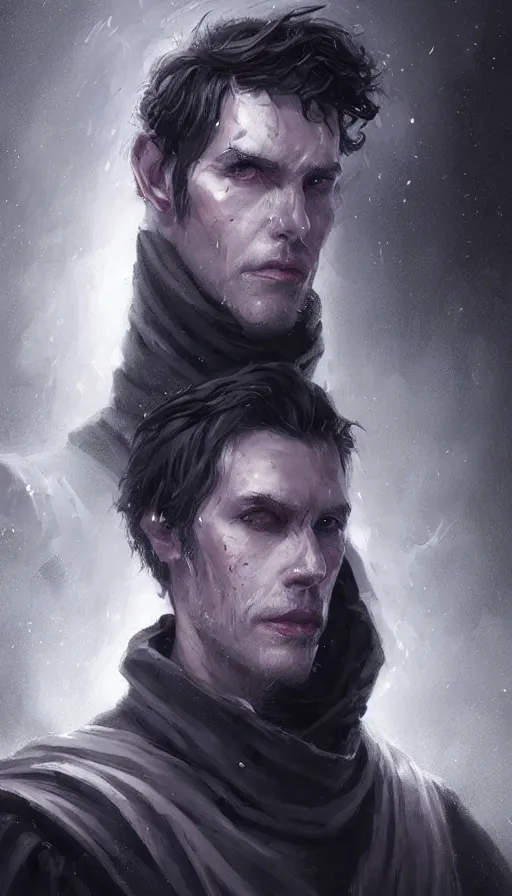 Image similar to Portrait of an tall man in a black cloak, glowing purple eyes and silver black hair, male, detailed face, fantasy, highly detailed, cinematic lighting, digital art painting by greg rutkowski