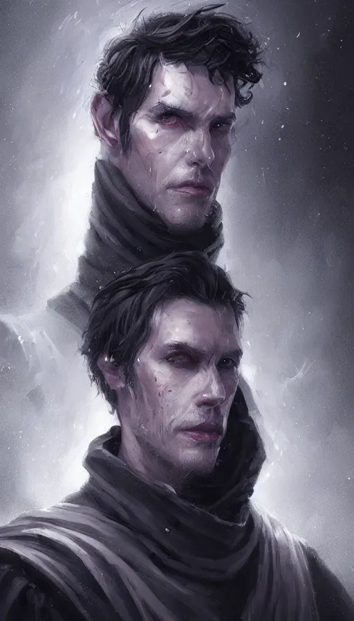 Prompt: Portrait of an tall man in a black cloak, glowing purple eyes and silver black hair, male, detailed face, fantasy, highly detailed, cinematic lighting, digital art painting by greg rutkowski