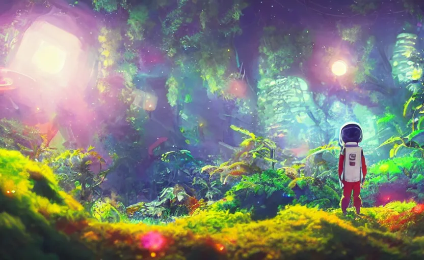 Image similar to a still of a cute adorable tiny astronaut, on a planet of lush colorful foliage surrounded by kaiju monsters, magical forest, sharp focus, neon backlit, highly detailed, disney pixar studio ghibli makoto shinkai, digital painting, matte, octane render, cinematic volumetric lighting, global illumination, iridescent, anime, 8 k concept art