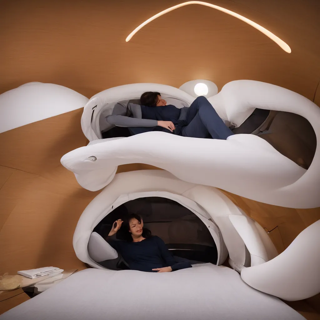 Image similar to inside cozy luxurious curved sleep-pod with wall to wall padding and sound system, warm ambient lighting, XF IQ4, 150MP, 50mm, F1.4, ISO 200, 1/160s, dawn