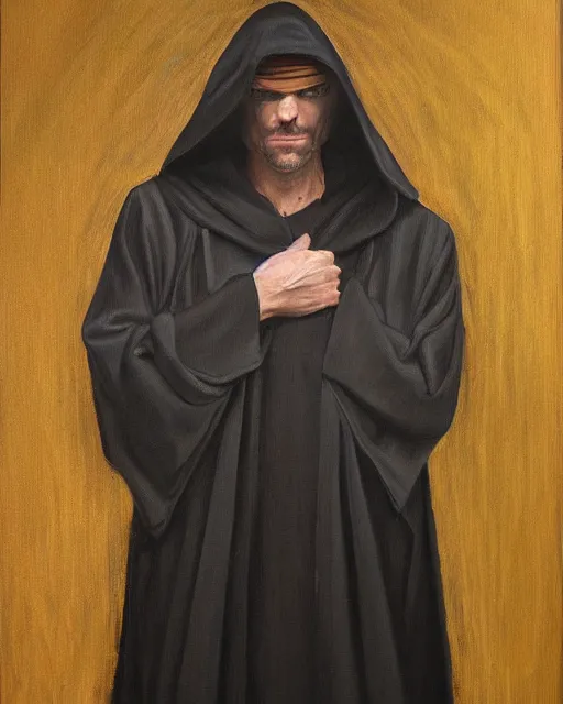 Image similar to oil painting portrait of a man in dark robes, hooded, made by greg rukowtski, fantasy, moodly