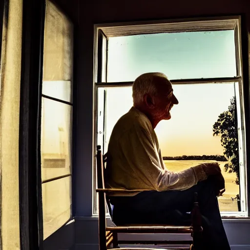 Prompt: A very old man, sitting in a chair in front of a window, looking out at a beautiful sunset award winning photograph