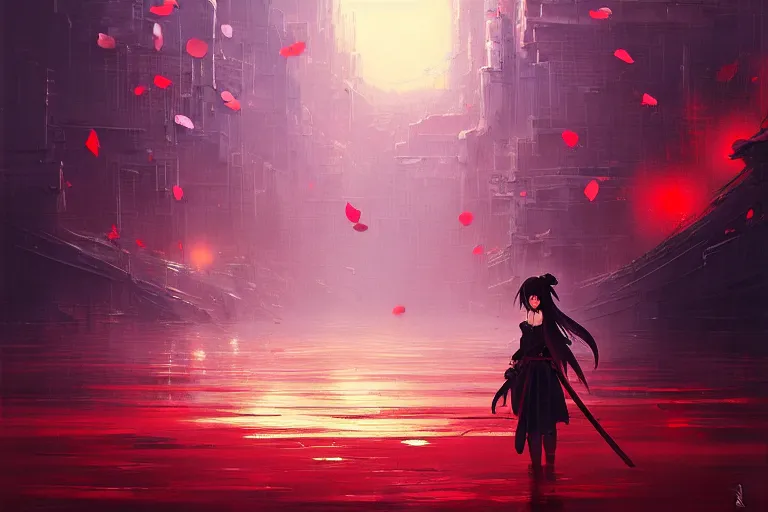 Image similar to baroque oil painting of anime key visual concept art of a samurai girl, red futuristic concrete cityscapes, falling petals, background moonlight, trending on artstation, palette knife and brush strokes, oil on canvas, style of makoto shinkai greg rutkowski studio ghibli