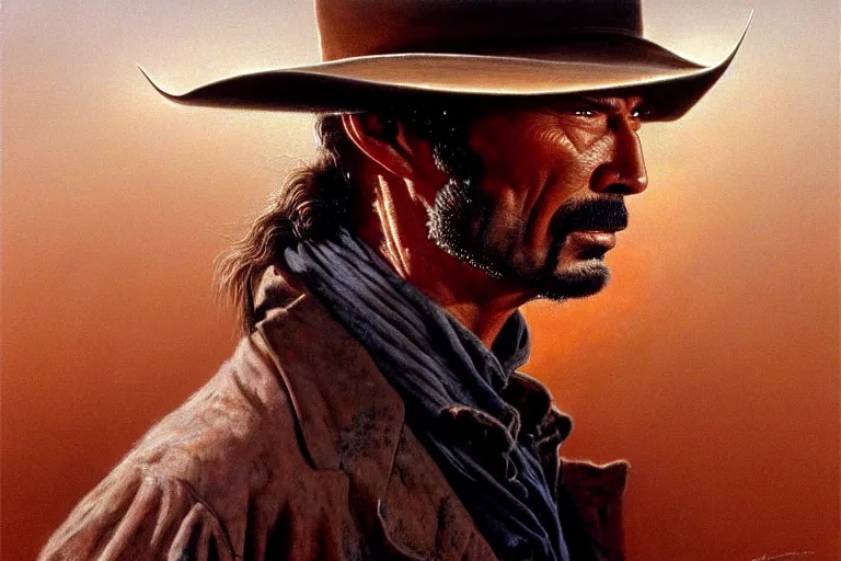 Prompt: close portrait of lee van cleef as a mean cowboy in pale rider ( 1 9 8 5 ). movie still, highly detailed, centered, digital painting, artstation, concept art, smooth, sharp focus, illustration, artgerm, tomasz alen kopera, peter mohrbacher, drew struzan