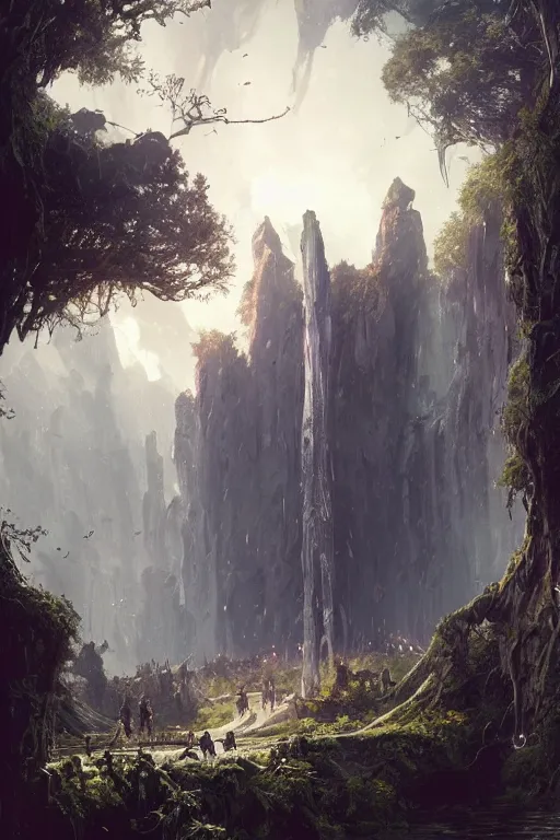 Prompt: the entrance of Valhalla, ornate, beautiful, weapons, lush, nature, low angle, in the style of Greg Rutkowski
