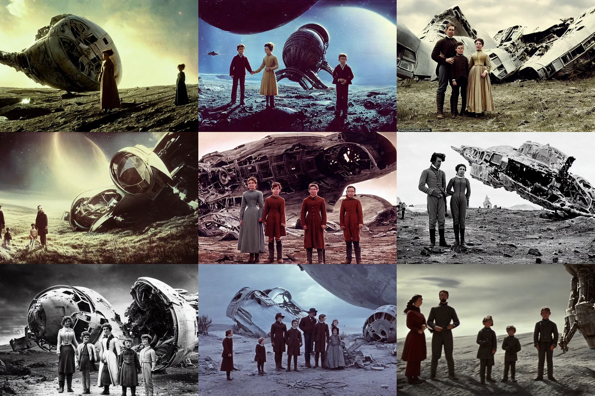 Prompt: sharply detailed, 7 0 mm film from blockbuster 8 k sci fi color movie freeze frame, set 1 8 6 0, family standing in front of crashed spaceship, on alien planet, looking happy, wearing 1 8 5 0 s era clothes, atmospheric lighting, in focus, reflective eyes, 9 9 9 mm lens, live action, nice composition and photography, clear facial features