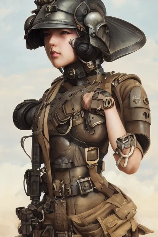 Image similar to portrait of dieselpunk blackpink jisoo soldier girl, helmet, desert, armored, highly detailed, digital painting, face detail, sharp focus, art, illustrations by irakli nadar and loish and ayanamikodon and rossdraws and wlop