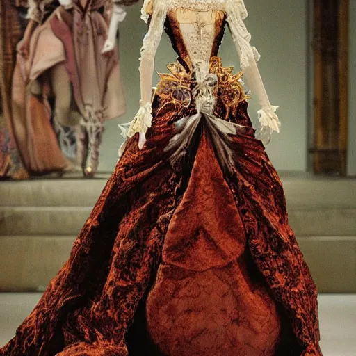 Image similar to fashion design inpired by fairy tale, for dragon queen, designed by alexander mcqueen, rococo