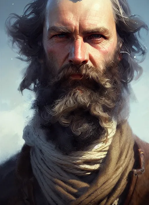 Image similar to portrait of a rugged sea captain, victorian, concept art, detailed face, fantasy, close up face, highly detailed, cinematic lighting, digital art painting by greg rutkowski