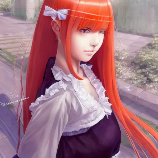 Prompt: luxury advertisement, astonishing portrait of a very beautiful anime high-school girl with light orange hair twintails, white ribbon, full perfect face, realistic, highly detailed background, artstation, 120 degree view, drawn by Sasoura, Satchely and Akihiko Yoshida, no distortion