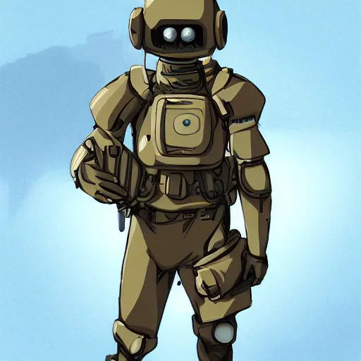 Prompt: Anime military bombsuit protagonist with light brown hair and brown eyes, Key Still, character design, full body shot