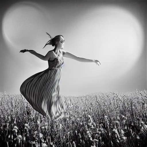 Prompt: ! dream longshot view realistic platinum photograph of a woman with heavy makeup who is wearing a floral sleeveless sundress and holding a suitcase while running through a field at night, raytracing, 8 k, hyperrealistic, insanely detailed, hdr, octane render, uhd, tintype, deckle edge, motion blur, expired black and white film, by sally mann