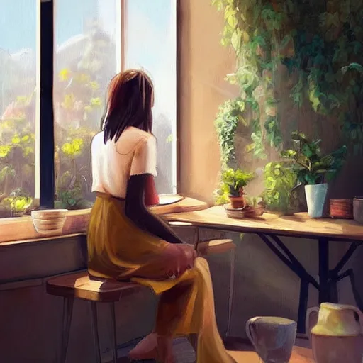 Prompt: a cozy cute cafe with tables, a big window and plants, a young pretty thin filipino woman with long hair sits with an espresso, golden morning light, dramatic light, happy cozy feelings, oil painting trending on artstation