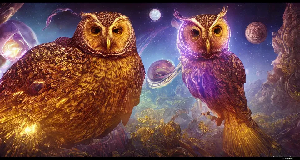 Image similar to the portrait of a smiling golden owl in the depths of the universe, an ultrafine hyperdetailed illustration by kim jung gi, irakli nadar, intricate linework, bright colors, octopath traveler, final fantasy, unreal engine 5 highly rendered, global illumination, radiant light, detailed and intricate environment, - h 1 0 2 4