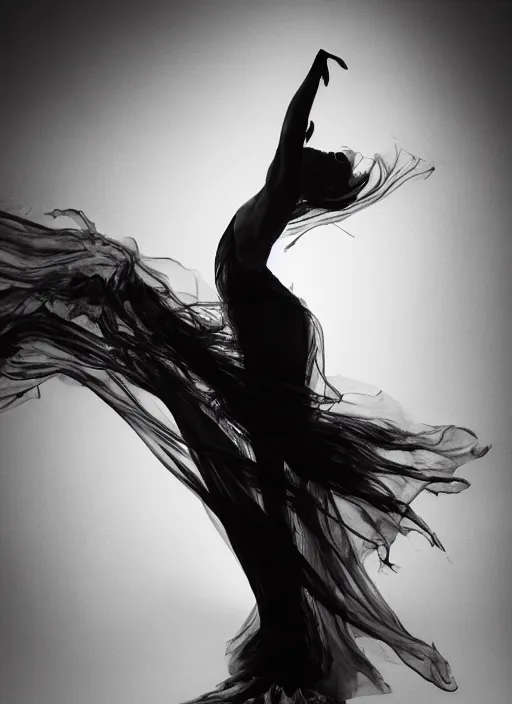 Image similar to a Photorealistic dramatic hyperrealistic render of a beautiful Female smoke dancer by Ken Brower and Deborah Ory of NYC Dance project,Lois Greenfield,Flowing cloth and smoke,Beautiful dynamic dramatic dark moody lighting,volumetric,shadows,cinematic atmosphere,Octane render,8K