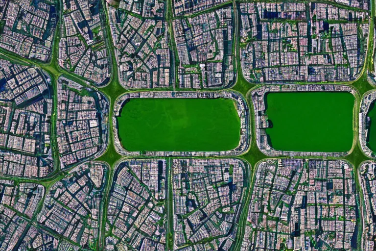 Image similar to satellite photography of a city with a square green park in the middle.