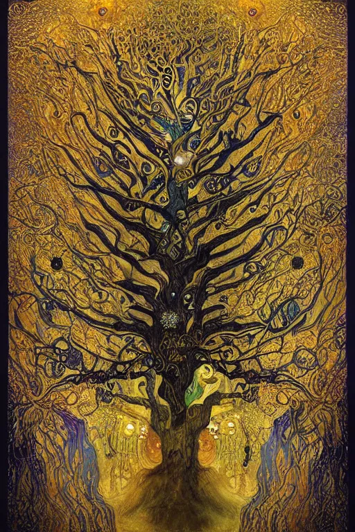 Prompt: Tree of Life by Karol Bak, Jean Deville, Gustav Klimt, and Vincent Van Gogh, Surreality, radiant halo, jeweled leaves, otherworldly, enigma, fractal structures, celestial, arcane, ornate gilded medieval icon, third eye, spirals, rich deep moody colors, spreading branches
