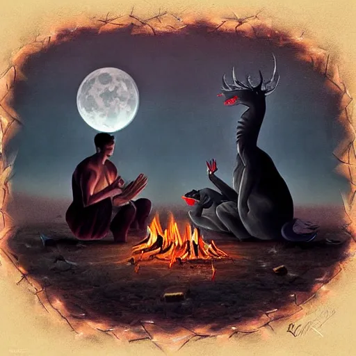 Image similar to strange mythical beasts of sitting around a fire under a full moon, surreal dark uncanny painting by ronny khalil