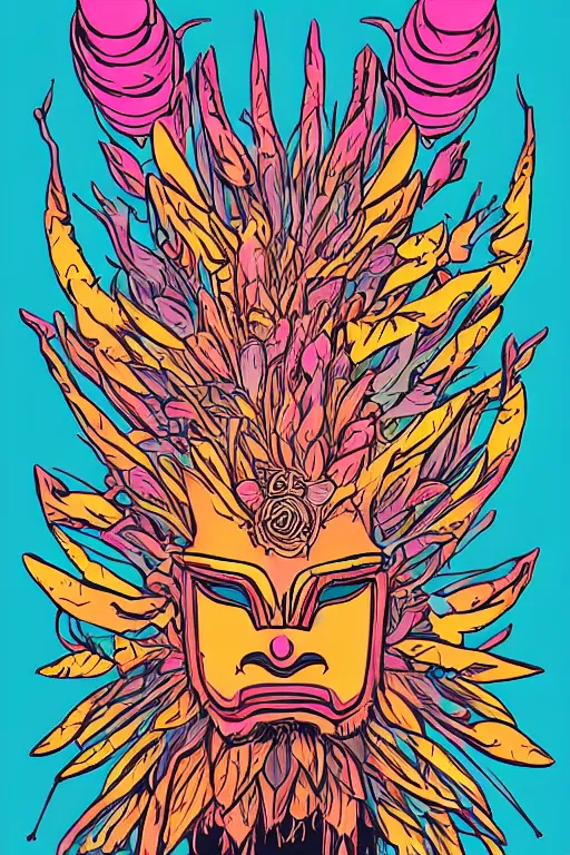 Image similar to animal mask totem roots flower tribal feather gemstone plant wood rock shaman vodoo video game vector cutout illustration vivid multicolor borderlands comics by josan gonzales and dan mumford radiating a glowing aura