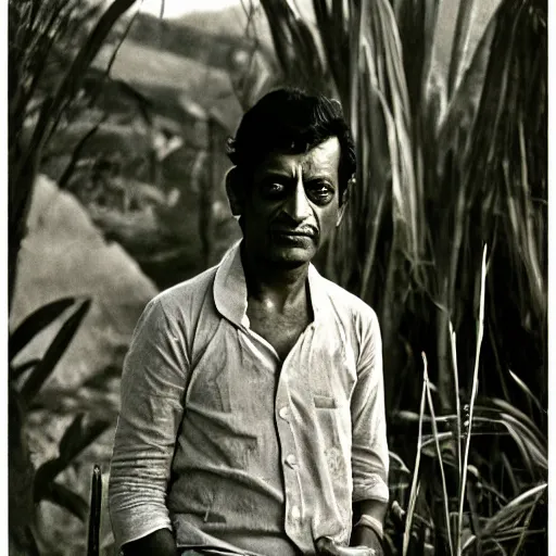 Prompt: a portrait photograph of a character in a scenic environment by satyajit ray, shot on large format film camera,