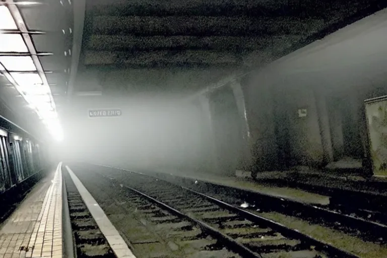 Image similar to very large giant mutant zombie irradiated ( angry rat ) staying on railways in tonnel of moscow subway. tonnel, railways, giant angry rat, furr, fangs, claws, very realistic. fog, silent hill style, extreme long shot, herman nitsch, giger.