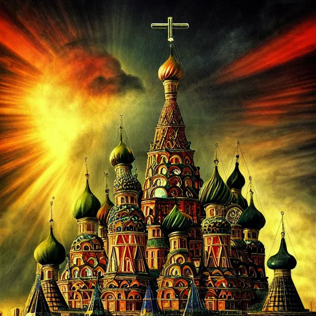 Prompt: kremlin apocalypse by jheronimus bosch, armageddon, hyper realistic, sharp focus, depth of field, hyper detailed visionary art, symmetric, magic symbols, holy halo, dramatic ambient lighting, high detail, vibrant colors,