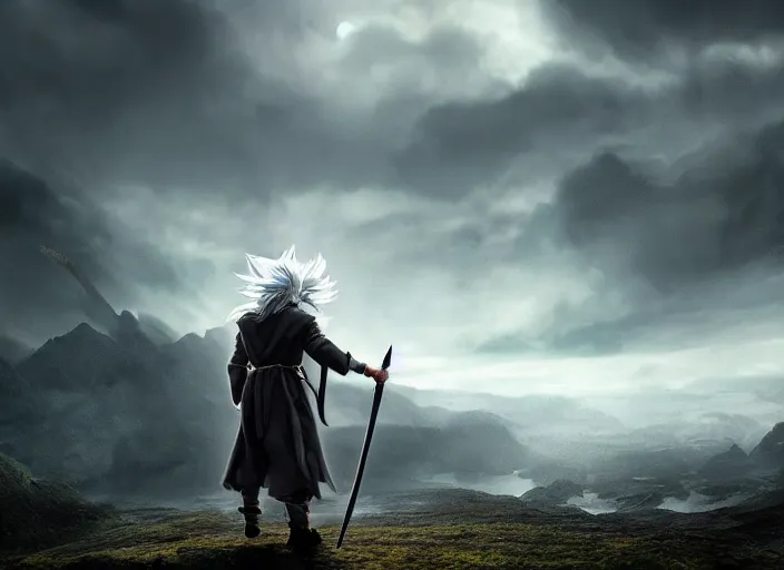 Image similar to gandalf going super saiyan, beautiful landscape, dramatic lighting, cinematic, establishing shot, night time, heavy rain, extremly high detail, photorealistic, cinematic lighting, epic fight scene, post processed, concept art, artstation, matte painting, style by greg rutkowsky